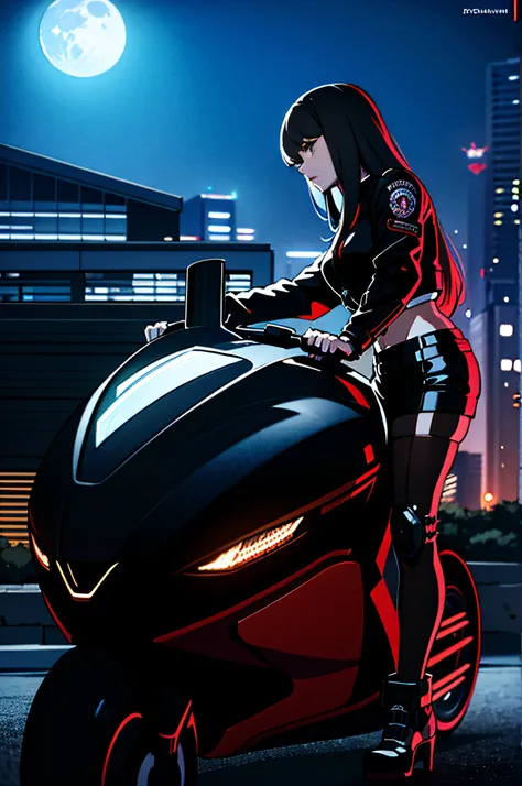 best quality, masterpiece, photo, 4K, photorealistic, highly detailed,
1girl riding motobike, techwear, cyberpunk city, solo, futuristic, huge moon in the background, black and white, by Akira Toriyama, closeup,