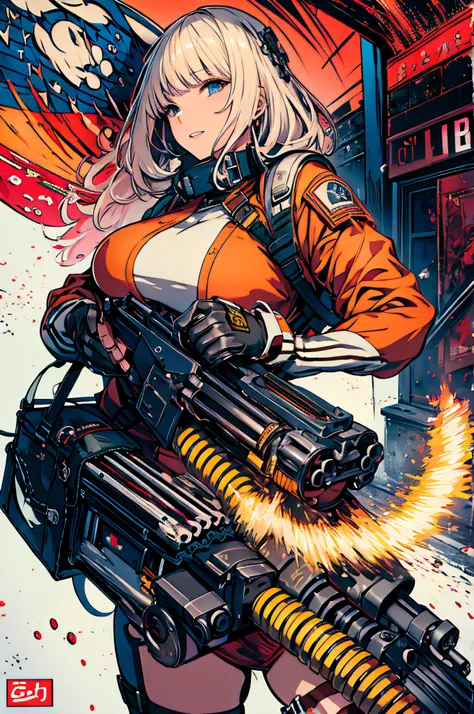 masterpiece, top quality, best quality, official art, beautiful and aesthetic,
1girl,gatling gun,  shell casing, looking at viewer, bangs, ammunition belt, gloves,breasts,firing,
extreme detailed,highest detailed, optical mixing, playful patterns, lively t...