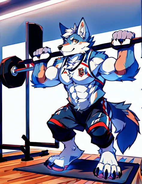 Human-wolf，musculous，Full Body Furry，paws with claws，pass upright，Working out in a gym(Correct structure of sports equipment)