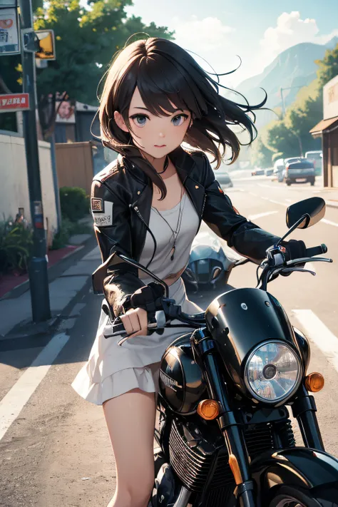 (Motion Effect:1.5)、（Motion Blur:1.4）、parchment、absurderes、ultra res、ultra-detailliert、（bokeh dof:1.8）、accurate depiction、Beautiful depiction、Overhead view、beautiful a girl、thin-waist、The roar of a motorcycle engine、
A moment to challenge the winding road。...