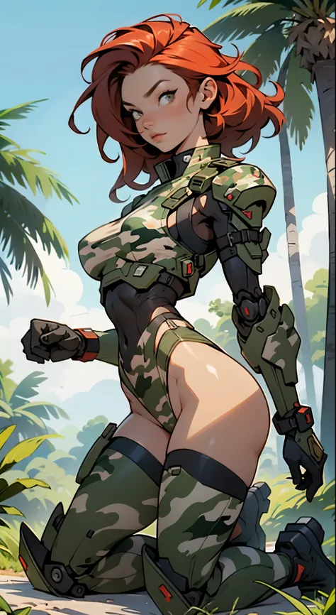 1woman 20 years old, max resolution, sculpted, military, wearing a soldier helmet, beautiful, perfect body, red hair, perfect body, thin waist, wide hips, large breasts, slim thighs, jungle background, armored vehicle, military robot dog, camouflaged unifo...