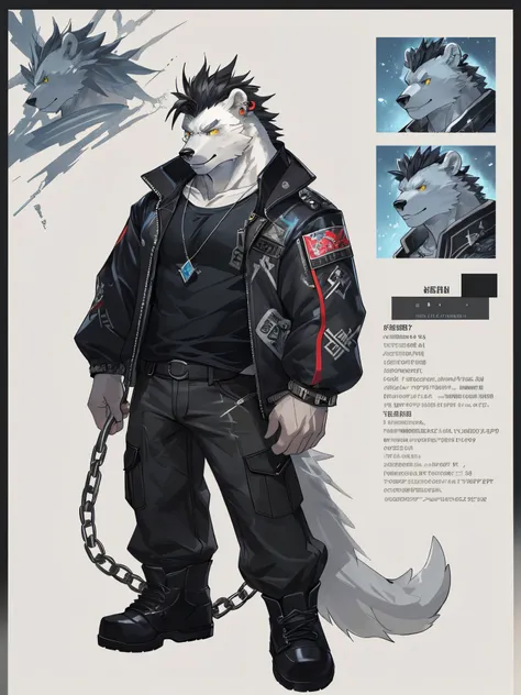 masterpiece, ultra detailed, yellow eyes, solo focus, male, polar bear, reflective, dispersion, (spectrum:1.1), full body, shadowverse, cygames, official art, video games, digitigrade, muscular, short mohawk hair, dog tags, ear piercing, gangster, shirt ja...