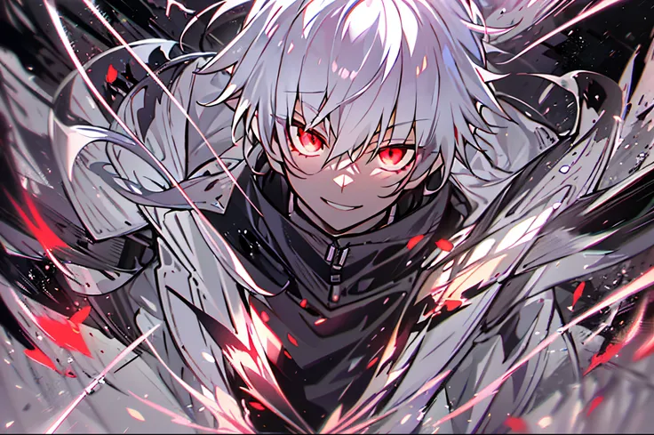 hight resolution,close range、Anime boy with white hair and red eyes staring at camera, Glowing red eyes,slim, dressed in a black outfit,Shadow Body,de pele branca,monochromes,hair messy,Aggressive smile、Diagonal angle、Vortex of flames