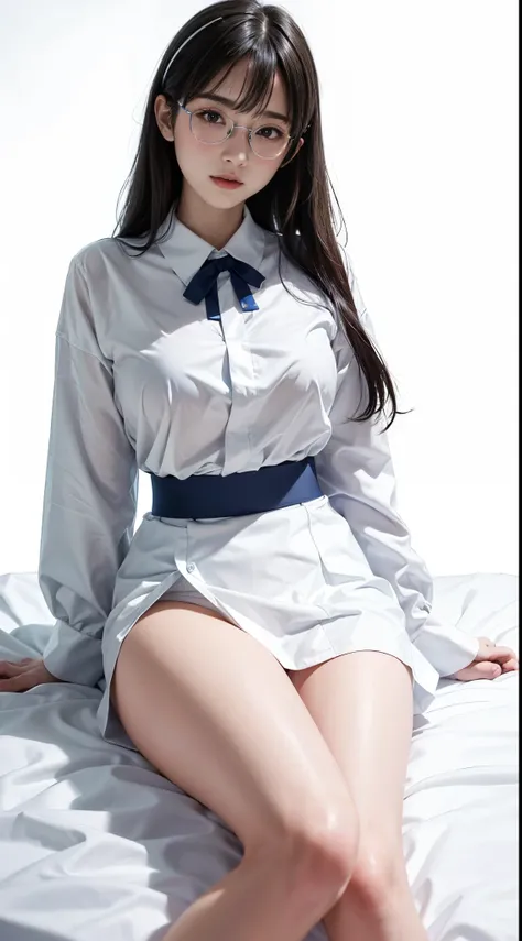 White shirt isolated on white background、Ribbon Ties、blue skirts、Wear folded white socks、Wearing round-rimmed glasses，Japan  Woman，Large breasts，Lie down with a faint smile，White bed，Isolated on bright white background、perfect anatomia，spread your legs，Sho...