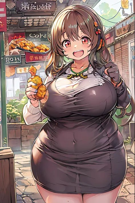 masutepiece, best quality, 女の子1人、huge-breasted、bbw、holding (fried chicken)1.5、thumbs up、huge smile