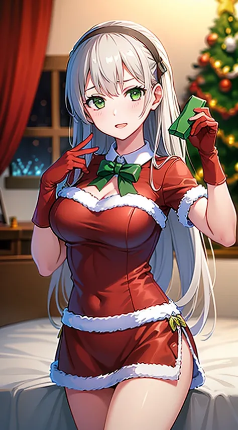 masterpiece, best quality, 1 solo girl, silver hair, green eyes, long hair, wavy hair, Christmas ornaments, medium breasts, mature body and face, red christmas dress, christmas, christmas light, christmas tree, red gloves, red santa skirt, holding gift, re...