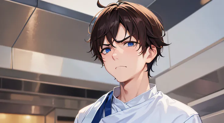 ​masterpiece、hightquality、25 year old man with short brown hair and blue eyes、Like a cartoon in Japan、wearing a white chef&#39;s uniform、Face up、(Alone:1.5)、(serious facial expression:1.5)、(Only the upper body is shown.:1.3)、The background is a cake shop、B...