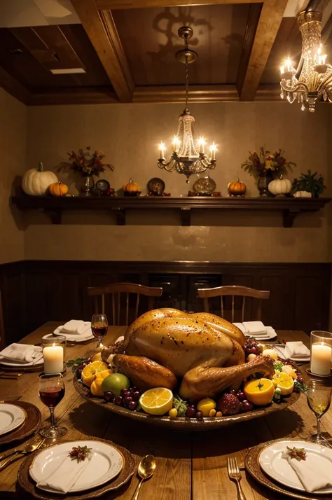 An extravagant Thanksgiving feast, with a table full of delicious traditional dishes, surrounded by a warm and cozy atmosphere. The centerpiece of the table is a golden-roasted turkey, perfectly cooked with crispy skin and juicy meat. The turkey is accompa...