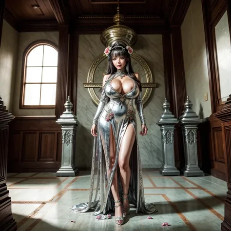 goddess and silver metal flowers in temple, full body shot,giga_busty