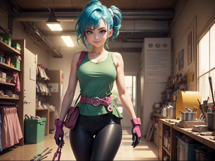 Bulma from Dragon Ball anime,adventurous, vibrant blue hair , beautiful intricate eyes,  pink dress , green belt ,  leggings,  white boots, gloves, and a small pouch for  tools , charming smile, youthful and cute face,  slender figure,  inventor , scientis...