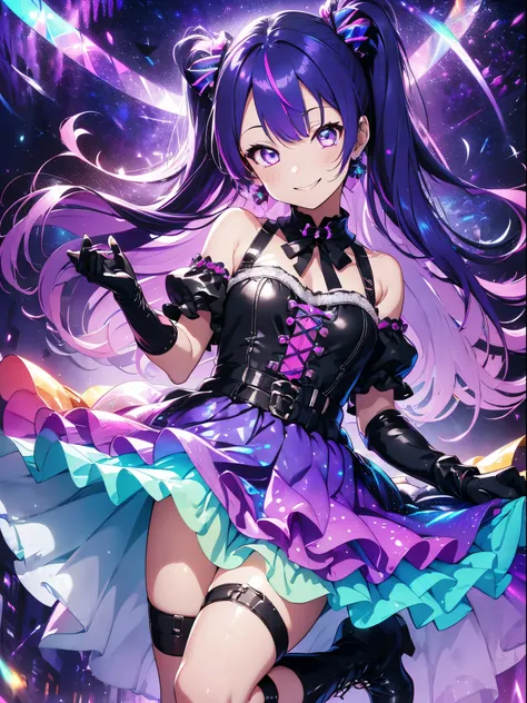 Top image quality、(((full bodyesbian))),Standing Picture、Outstanding style、Smile with all your might、beauty legs、Leather shoes、dynamicposes、Little Girl, Younger、Gothic lolita, (((light purple hair))), Purple eyes, (mascara), Blunt bangs, ((hair over eyes))...