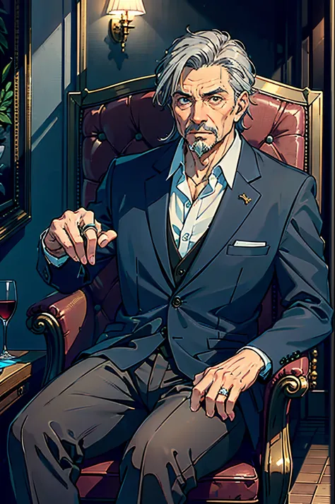 an old man, goatee, brown eyes, gray hair, luxurious suit, rings on his fingers, sitting in a chair at a table, threatening aura,