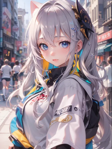 (((masterpiece)))、(((top-quality)))、((ultraclear))、(HD CG illustration)、((Extremely Delicately Beautiful))、The future city、jogging、girl running、电影灯光、独奏、FULL-BODY ESBIAN、Digital City、2040s、and soul、rainbow hair、Popular topics on artstationh、Rachel Walker、