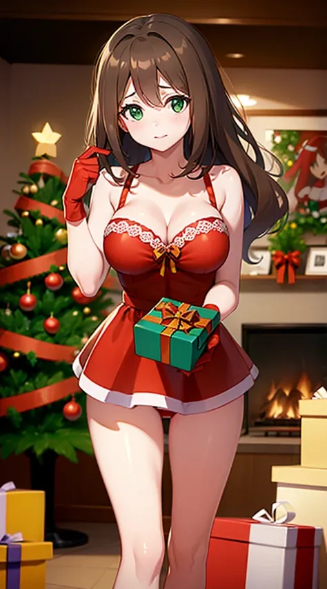 masterpiece, best quality, 1 solo girl, rosie brown hair, green eyes, long hair, wavy hair, Christmas ornaments, medium breasts, mature body and face, red christmas dress, christmas, christmas light, christmas tree, red gloves, red santa skirt, holding gif...