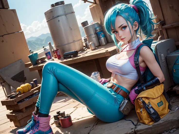 Bulma from Dragon Ball anime,adventurous, vibrant blue hair , beautiful intricate eyes,  pink dress , green belt ,  leggings,  white boots, gloves, and a small pouch for  tools , charming smile, youthful and cute face,  slender figure,  inventor , scientis...