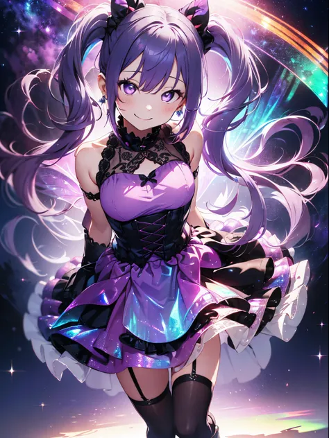 Top image quality、(((full body Esbian))),Standing picture、Outstanding style、Smile with all your might、beauty legs、Leather shoes、dynamicposes、Little Girl, Younger、Gothic lolita, (((Light purple hair))), Purple eyes, (mascara), Blunt bangs, ((hair over eyes)...