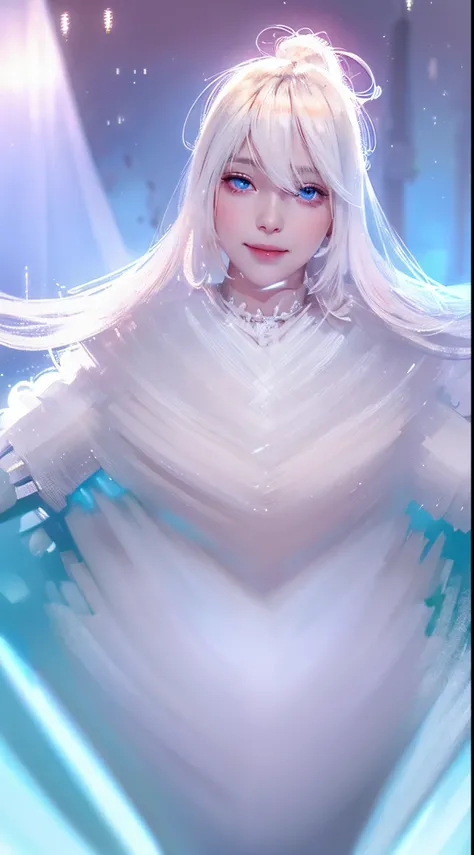 2womanl, Solo, White hair, Parted bangs, Forehead, Single long blade, Blue eyes, pink lips, White tank top, White pantie, Smile, Outdoors, white skin, really white skin, white and pink skin, glowing eye, sex, lesbian, (high quality:2), 4k,