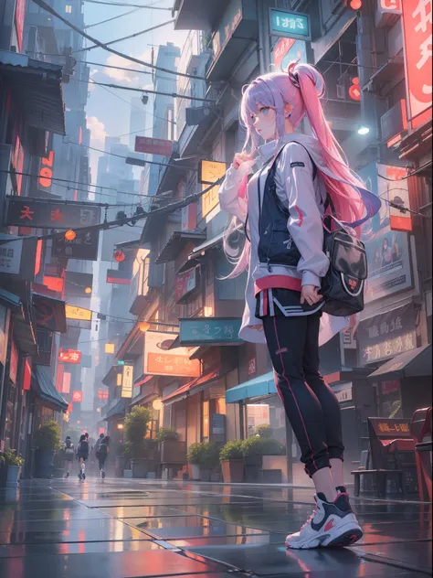 (((masterpiece)))、(((top-quality)))、((ultraclear))、(HD CG illustration)、((Extremely Delicately Beautiful))、The future city、jogging、girl running、电影灯光、独奏、FULL-BODY ESBIAN、Digital City、2040s、and soul、rainbow hair、Popular topics on artstationh、Rachel Walker、