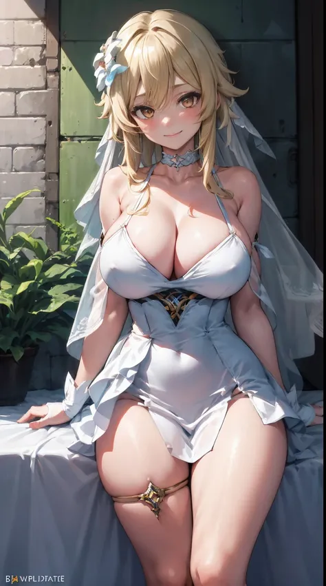 Lumine | genshin impact, master-piece, bestquality, 1girls,25 years old, proportional body, proportional., Wedding Dresses, White Wedding Dress, wedding, gigantic breasts, ,bara, choker, arm behind back, against wall, View viewers from the front., Thigh st...