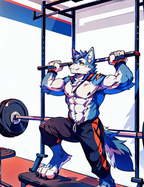 Human-wolf，musculous，Full Body Furry，paws with claws，pass upright，Working out in a gym