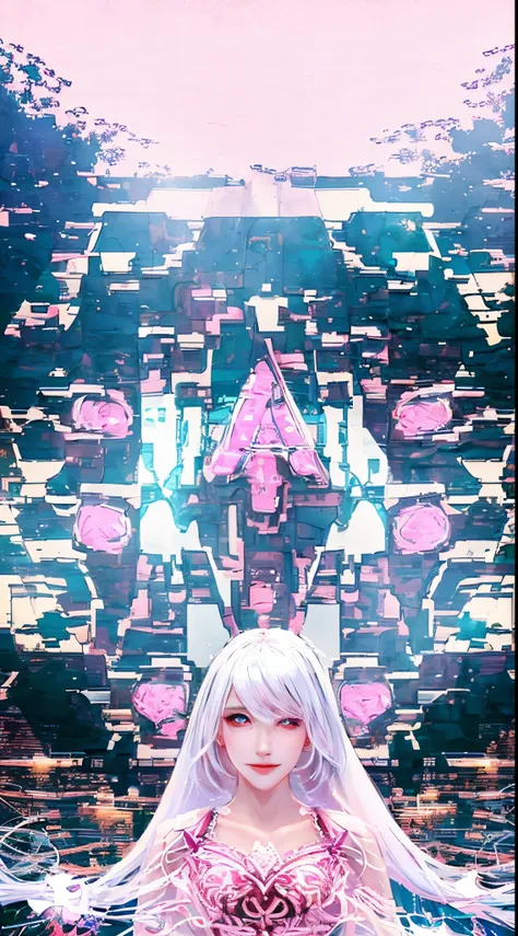 2womanl, Solo, White hair, Parted bangs, Forehead, Single long blade, Blue eyes, pink lips, White tank top, White pantie, Smile, Outdoors, white skin, really white skin, white and pink skin, glowing eye, sex, lesbian, , (high quality:2), 4kq