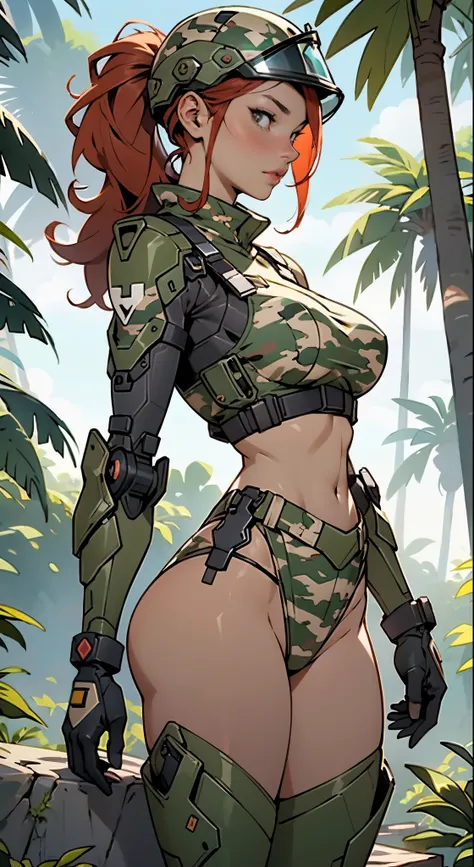 1woman 20 years old, max resolution, sculpted, military, wearing a soldier helmet, beautiful, perfect body, red hair, perfect body, thin waist, wide hips, large breasts, slim thighs, jungle background, armored vehicle, military robot dog, camouflaged unifo...