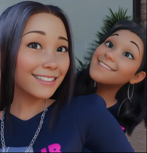 Disney 3D Pixar animation cartoon, 2 girls , wearing black tops , one standing behind her smiling with slight small dimple, one infront of her smiling with one deep dimple. Girl infront with silver chain. Both girls have black hair. Girl infront is lightsk...