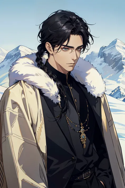 Realistic, (Masterpiece, Top Quality, Best Quality, official arts,), Very detailed, Most Detailed, (1boy:1.3), Gods, black hair, mysterious, handsome male, ((nomadic style)), steppe, herdsman, fur coat, Ornaments, earings, single braid