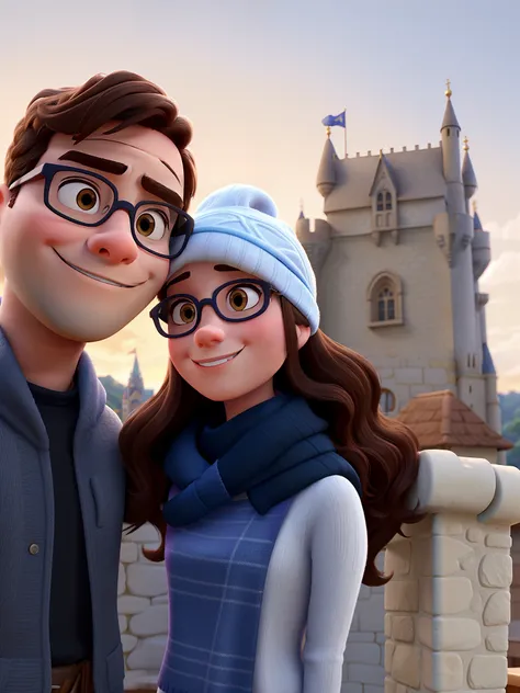 Um estilo Disney Pixar, Brunette woman with scarf hugging a boy with white skin and glasses with a castle tower behind, alta qualidade, melhor qualidade