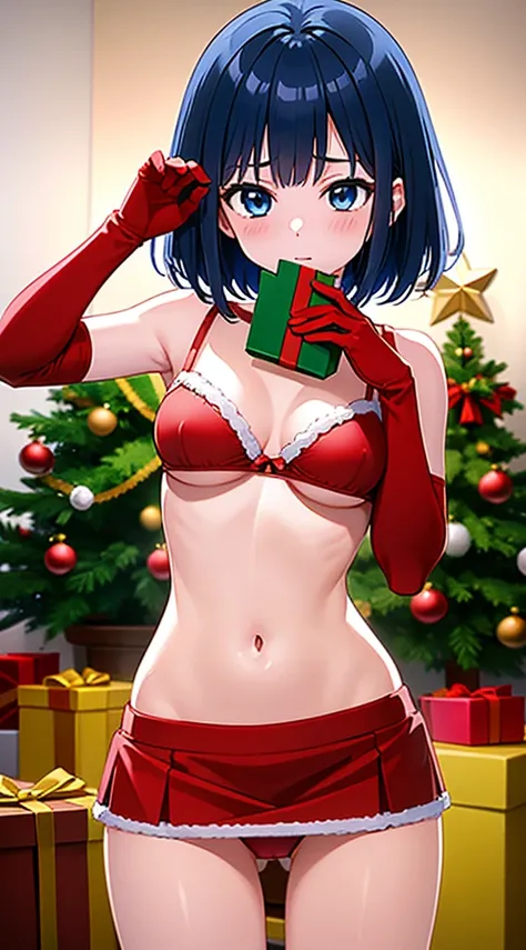 masterpiece, best quality, 1 solo girl, dark blue hair, blue eyes, short hair, wavy hair, Christmas ornaments, medium breasts, mature body and face, red christmas dress, christmas, christmas light, christmas tree, red gloves, red santa skirt, holding gift,...