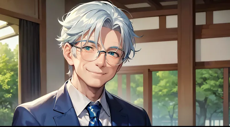 ​masterpiece、hightquality、60 year old white haired man with green eyes、Like a cartoon in Japan、Wearing a blue suit、Face up、(Alone:1.5)、(Smiling expression:1.5)、(Only the upper body is shown.:1.3)、The background is a beautiful party venue、Bold composition、