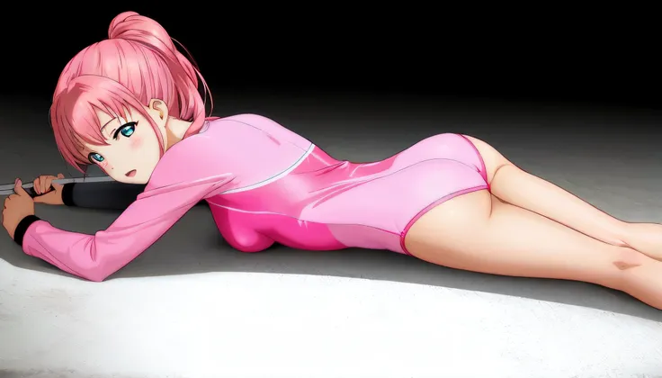 Anime girl in pink leotard lying on the floor with mobile phone, Pink body, smooth pink skin, asuka suit under clothes!, Smooth Anime CG Art, some pink, bubblegum body, photorealistic anime girl render, pink twintail hair and cyan eyes, Lying Dynamic Pose,...