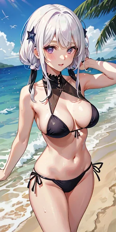 realisitic、selfee、女の子1人、white  hair、Purple eyes、Parted lips、red blush、makeups、浅笑、The bikini、the beach、perspiring、Wet、llight rays、brilliance、buttock、鎖骨、Constriction、(​masterpiece)、wall-paper、teats