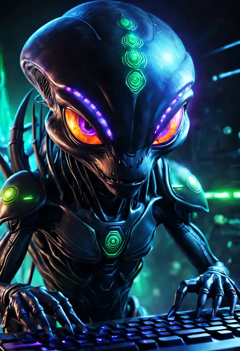 a close up of a Alien on a keyboard with glowing eyes, digital alien, hacker, Alien, hypdertailed, hyperbeast design, logo picture, anthropomorphic Alien, protogen, rocket Alien, an anthropomorphic cyberpunk Alien, alien art, angiewolf, avatar image