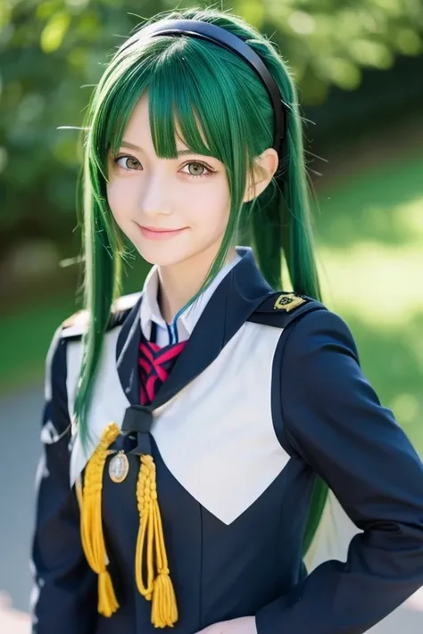 1girl, anime, dark green hair, green eyes, standing, Anime beautiful girl in uniform, A slight smil