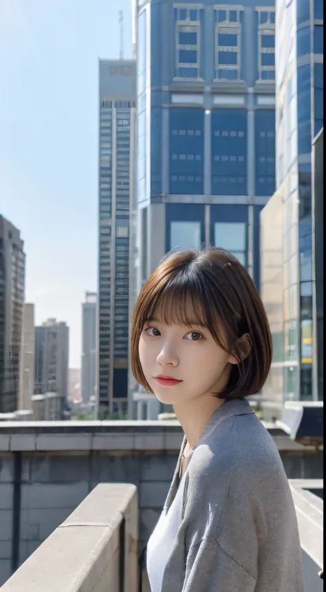 high detailing, Clarity,super beauty images,  younggirl, 18 years old, Light gray hair, Short haircut, Yellow eyes, Stand on the roof of a building, Realism, Fantasy,fully body photo、Urban cityscape,