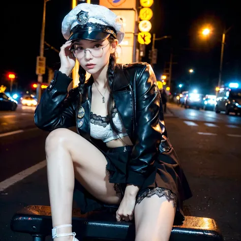 ​masterpiece，((top-quality)），8k wallpaper，((Female 1)),Ukrainian model，Black hair，braid，Thin eyebrows，eye glasses，Black eyes，Transcendent Beautiful Girl，20yr old，Glamorous，((Fine facial details)),Look at your feet，sleepy expression，Black cop hat，Black Poli...