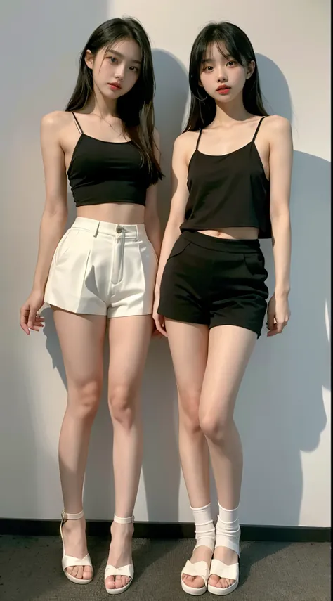 (((2  girls,Duo,Petting the))),Clear black camisole vest、Slim 10 year old Japanese girl、Exposing armpits、(full body seen:1.3)、(Frame from head to toe:1.3)、