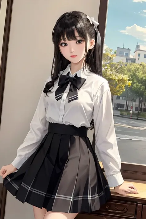 (8K、top-quality、​masterpiece:1.2)、超A high resolution、intricate detailes、美丽的面容、white  shirt、Black bow tie、a black skirt、plaid skirts、pleatedskirt