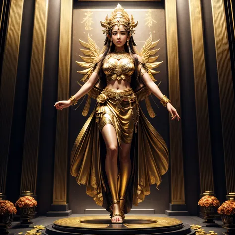 goddess and gold metal flowers, full body shot, temple