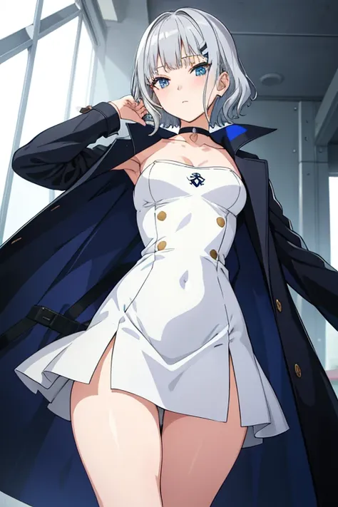 masutepiece, Best Quality, 1girl in, 

Short hair, Blue eyes, Silver hair, Wavy Hair, Blunt bangs, hair clips, coat, Dress, Choker, 

depth of fields, Portrait,　thighs thighs thighs thighs　A slender