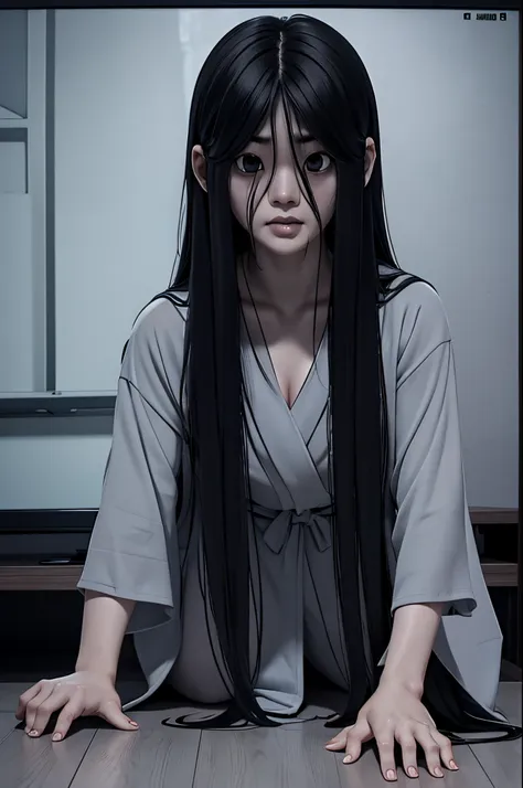 sadako, soaking, wet robe, gray colored skin, hair covers the face, sexy for.sadako crawled out of the tv，a woman lying on the f...