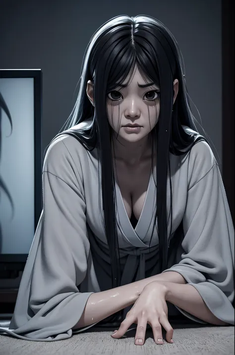 Sadako, soaking, wet robe, gray colored skin, Hair covers the face, sexy for.Sadako crawled out of the TV，A woman lying on the floor in front of the TV, japanese horror, style of hajime isayama, japanese horror movie footage, Junji Ito 4K, japanese pop sur...