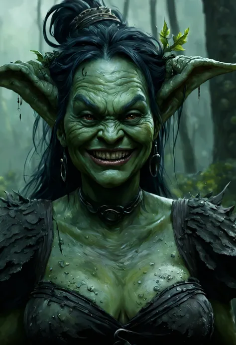 create a plump image, ugly, evil swamp witch. The portrait should have an intimidating expression, with a smile. Art style should be reminiscent of Guild Wars 2 concept art., especially in the digital painting strokes of Jeremy Mann and Ruan Jia.. The imag...