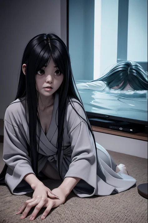 sadako, soaking, wet robe, gray colored skin, hair covers the face, sexy for.sadako crawled out of the tv，a woman lying on the f...