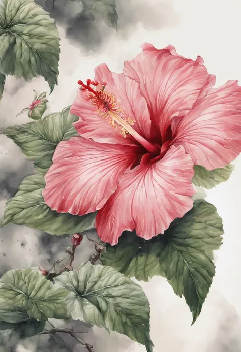 Chinese style，Ink painting and watercolor，Hibiscus flower，Elegant lines，masterful art，Meticulous，The lines are perfect，Wallpapers