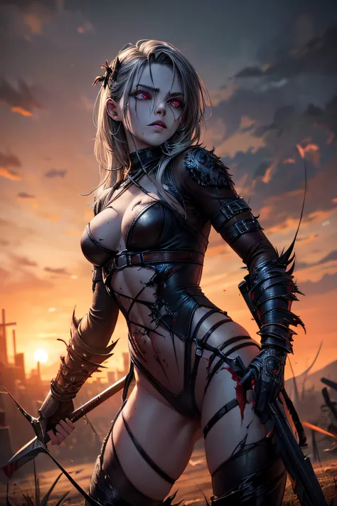 dead rotting evil zombie girl, demonic comic accurate costume hawkeye, black make up, torn costume, wielding broken bow and arrows, sexi, revealing, bloody, psychotic, dark, glowing eyes, evil, combat stance, highly detailed, vibrant appearance, creative b...