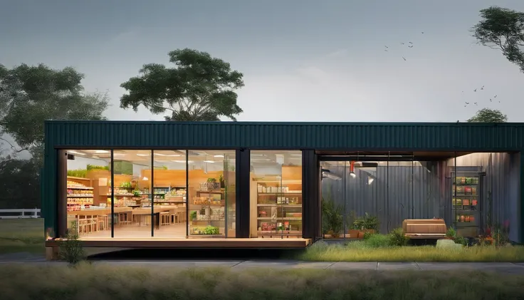 Take us to a small supermarket built in a shipping container. Use words to create an image of a pleasant place surrounded by nature .  altamente detalhado realista