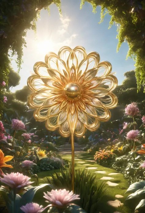 Enveloped in an ethereal glow, depict a meticulously crafted metallic flower amidst a sprawling garden, Garden of Eden, Illuminate the scene with intricate details, perfect symmetry, and an awe-inspiring realism, god rays, ray tracing, highres, best qualit...