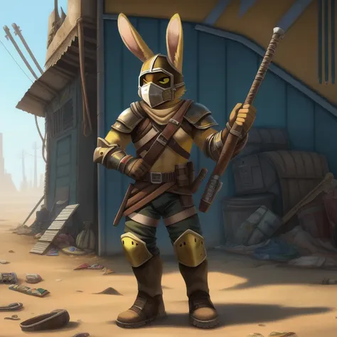 solo, male, rabbit, yellow colored fur, Wielding mask , lean body, anthropomorphic rabbit, makeshift armor, face hidden by wielding mask, armor made from junk, wasteland looking outfit